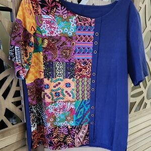 Bohemian Patchwork Women's Blouse - Blue and Multicolor